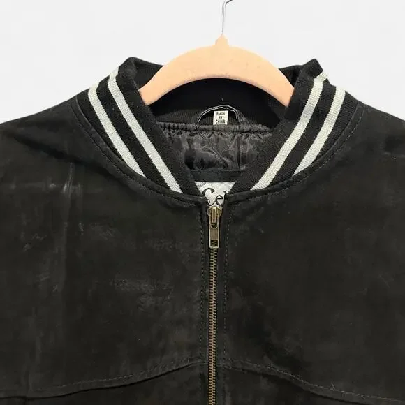Vintage Cellini Genuine Suede Oversized Varsity Jacket In Black And Cream